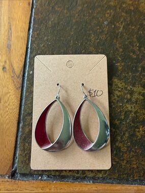 Silver-Tone Teardrop Earrings with Deep Red Inlay - Women's Jewelry